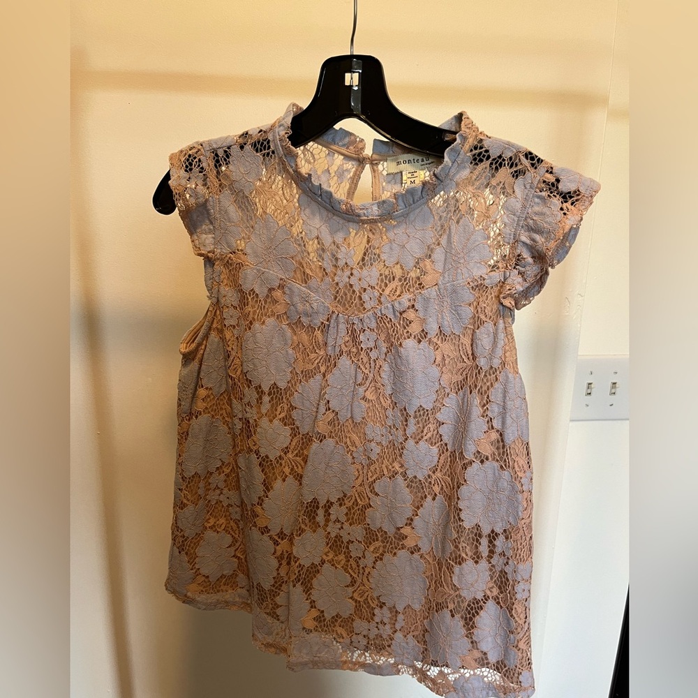 Monteau lace top flutter sleeves, sheer neckline